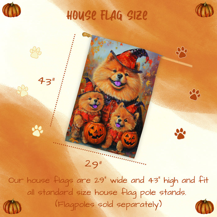 Chow Chow Dog Halloween House Flag Spooky Pumpkin Fall Outdoor Decor Rustic Autumn Maple Leaves Banner for Porch Garden and Lawn