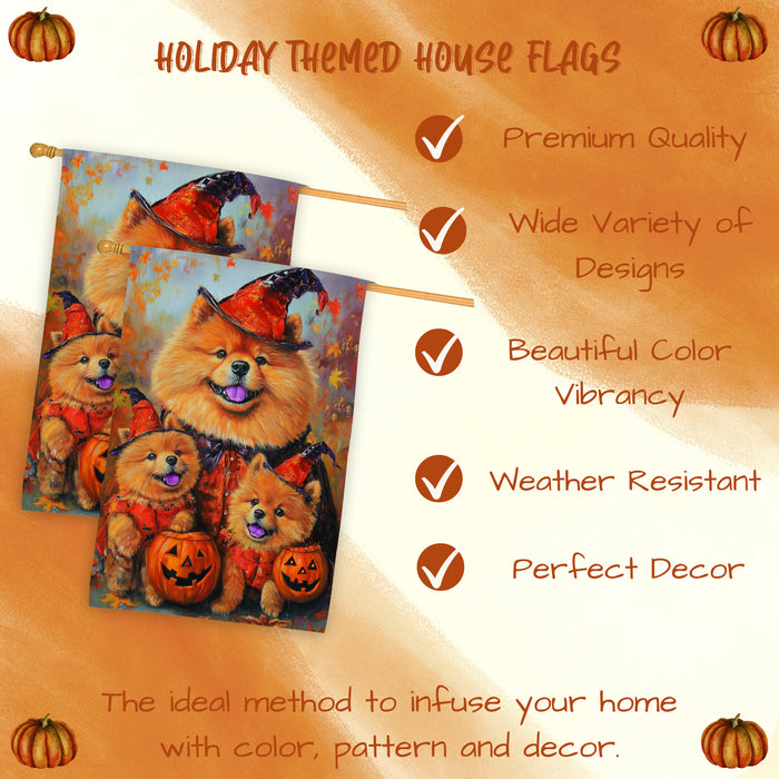 Chow Chow Dog Halloween House Flag Spooky Pumpkin Fall Outdoor Decor Rustic Autumn Maple Leaves Banner for Porch Garden and Lawn