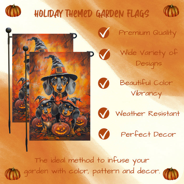 Dachshund Pumpkins with Carving Smiles Autumn Leaves Garden Yard Flag for Dog Lovers Spider Web Bat Holiday Flag for Yard Pet Lovers Halloween Puppies Garden Flag