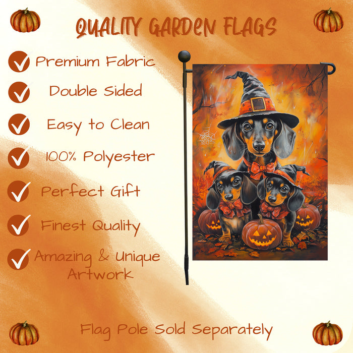 Dachshund Pumpkins with Carving Smiles Autumn Leaves Garden Yard Flag for Dog Lovers Spider Web Bat Holiday Flag for Yard Pet Lovers Halloween Puppies Garden Flag