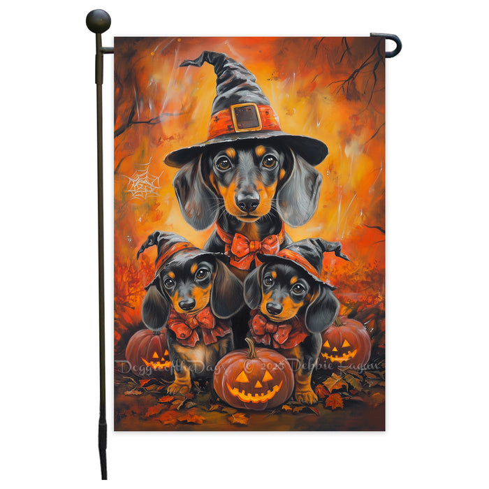 Dachshund Pumpkins with Carving Smiles Autumn Leaves Garden Yard Flag for Dog Lovers Spider Web Bat Holiday Flag for Yard Pet Lovers Halloween Puppies Garden Flag
