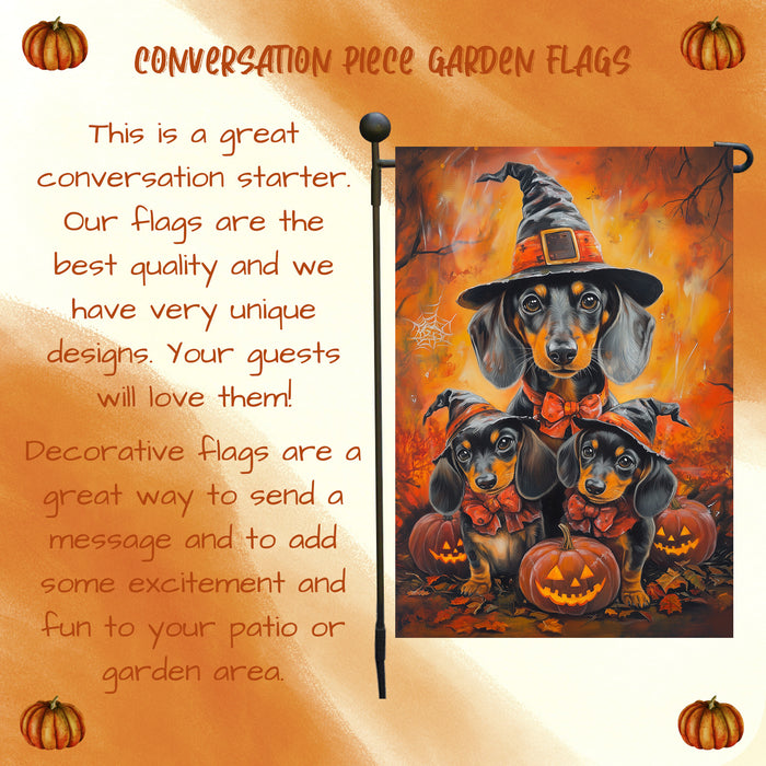 Dachshund Pumpkins with Carving Smiles Autumn Leaves Garden Yard Flag for Dog Lovers Spider Web Bat Holiday Flag for Yard Pet Lovers Halloween Puppies Garden Flag