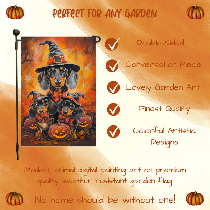 Dachshund Pumpkins with Carving Smiles Autumn Leaves Garden Yard Flag for Dog Lovers Spider Web Bat Holiday Flag for Yard Pet Lovers Halloween Puppies Garden Flag