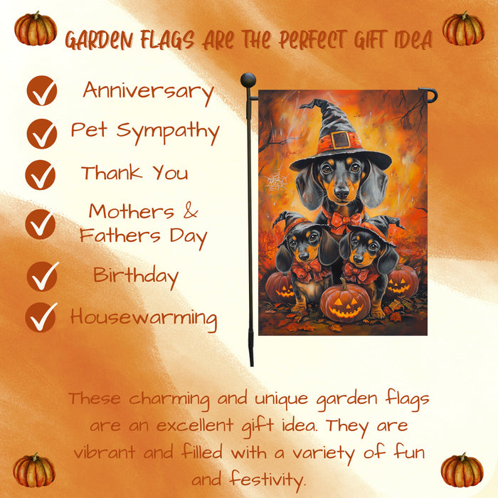 Dachshund Pumpkins with Carving Smiles Autumn Leaves Garden Yard Flag for Dog Lovers Spider Web Bat Holiday Flag for Yard Pet Lovers Halloween Puppies Garden Flag