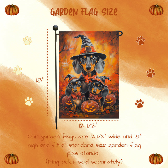 Dachshund Pumpkins with Carving Smiles Autumn Leaves Garden Yard Flag for Dog Lovers Spider Web Bat Holiday Flag for Yard Pet Lovers Halloween Puppies Garden Flag