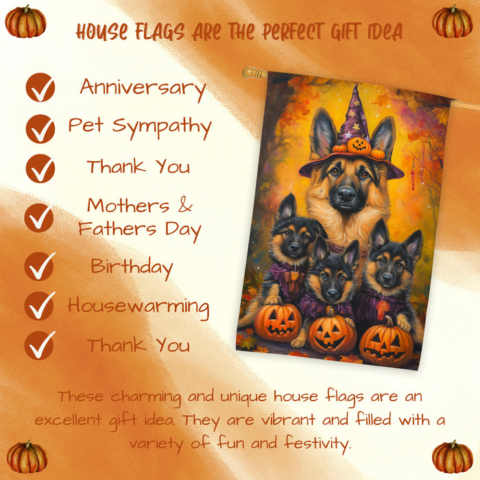 German Shepherd Dog Halloween House Flag Witch Hat Pumpkin Fall Outdoor Decor for Porch Garden and Lawn Rustic Autumn Holiday Home Decoration