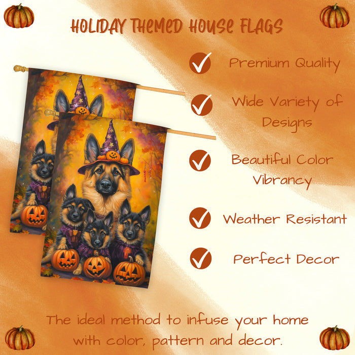 German Shepherd Dog Halloween House Flag Witch Hat Pumpkin Fall Outdoor Decor for Porch Garden and Lawn Rustic Autumn Holiday Home Decoration