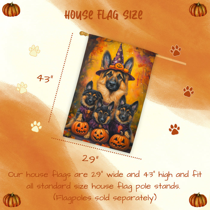 German Shepherd Dog Halloween House Flag Witch Hat Pumpkin Fall Outdoor Decor for Porch Garden and Lawn Rustic Autumn Holiday Home Decoration