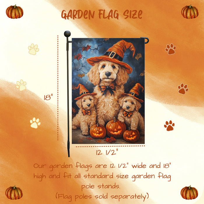 Goldendoodle Dog Witch Hat Pumpkin Garden Flag for Halloween Yard Decor Holiday Seasonal Outdoor Banner Lawn Fall Decoration Maple Leaf Yard Pathway Flag