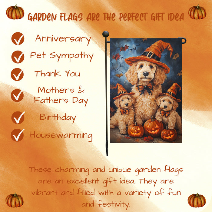 Goldendoodle Dog Witch Hat Pumpkin Garden Flag for Halloween Yard Decor Holiday Seasonal Outdoor Banner Lawn Fall Decoration Maple Leaf Yard Pathway Flag