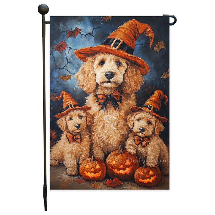Goldendoodle Dog Witch Hat Pumpkin Garden Flag for Halloween Yard Decor Holiday Seasonal Outdoor Banner Lawn Fall Decoration Maple Leaf Yard Pathway Flag