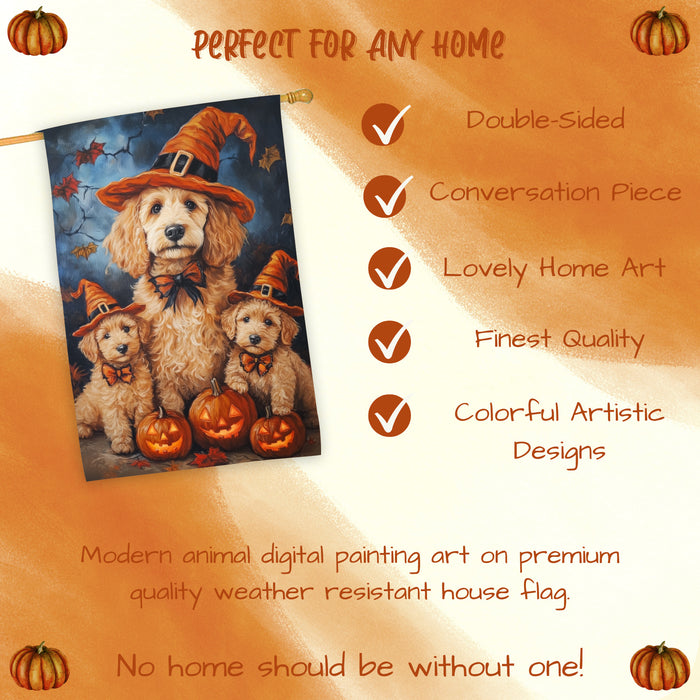 Goldendoodle Dog Halloween House Flag Witch Hat Pumpkin Fall Outdoor Decor for Porch Garden and Lawn Rustic Autumn Home Decoration