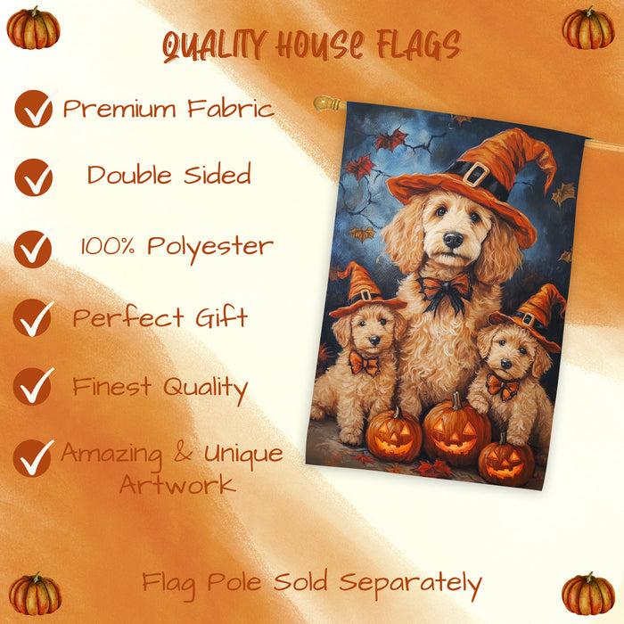 Goldendoodle Dog Halloween House Flag Witch Hat Pumpkin Fall Outdoor Decor for Porch Garden and Lawn Rustic Autumn Home Decoration