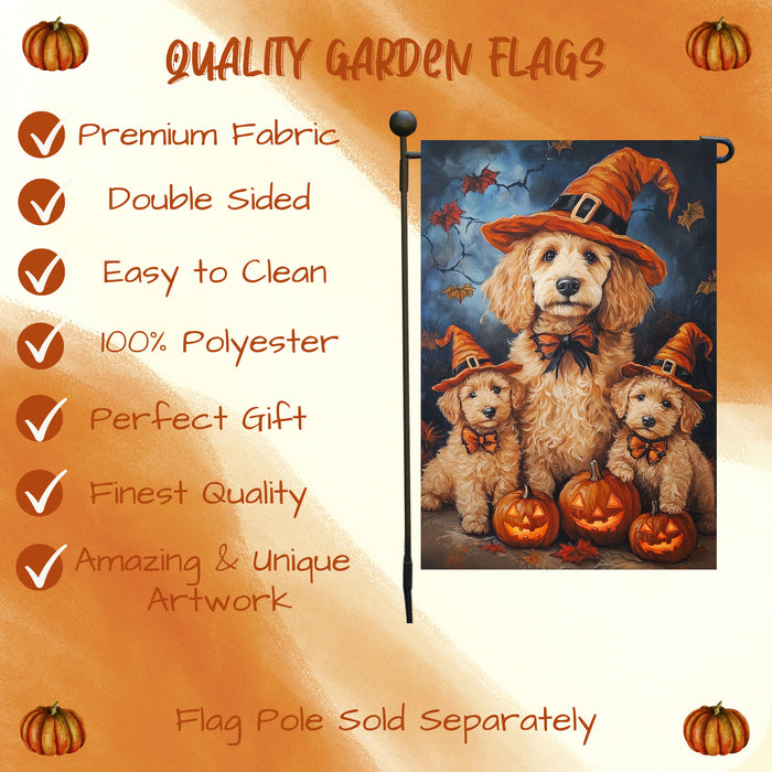 Goldendoodle Dog Witch Hat Pumpkin Garden Flag for Halloween Yard Decor Holiday Seasonal Outdoor Banner Lawn Fall Decoration Maple Leaf Yard Pathway Flag