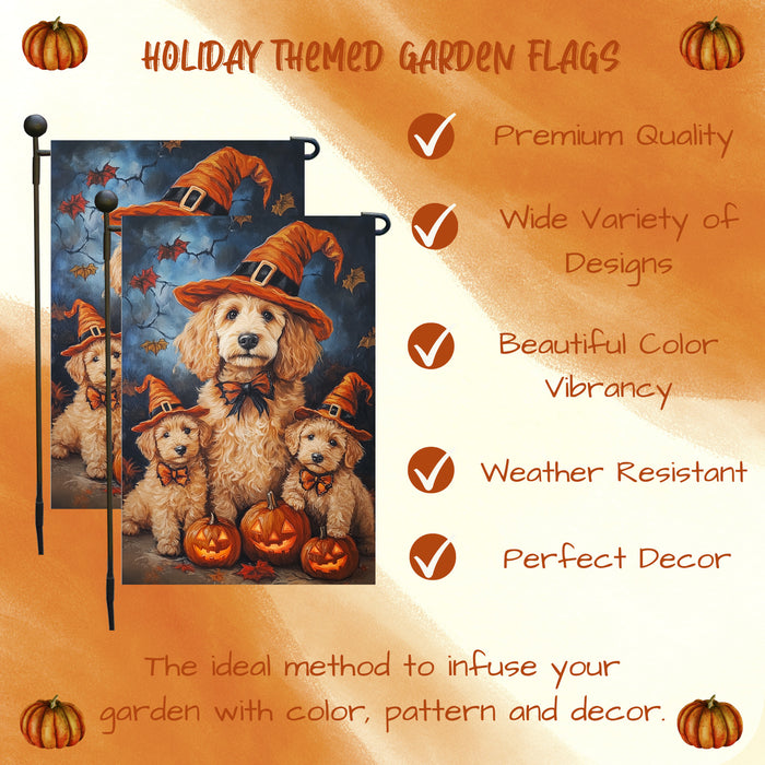 Goldendoodle Dog Witch Hat Pumpkin Garden Flag for Halloween Yard Decor Holiday Seasonal Outdoor Banner Lawn Fall Decoration Maple Leaf Yard Pathway Flag