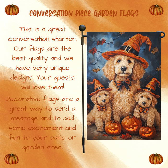 Goldendoodle Dog Witch Hat Pumpkin Garden Flag for Halloween Yard Decor Holiday Seasonal Outdoor Banner Lawn Fall Decoration Maple Leaf Yard Pathway Flag