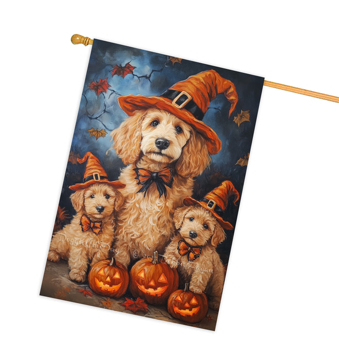 Goldendoodle Dog Halloween House Flag Witch Hat Pumpkin Fall Outdoor Decor for Porch Garden and Lawn Rustic Autumn Home Decoration
