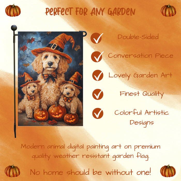 Goldendoodle Dog Witch Hat Pumpkin Garden Flag for Halloween Yard Decor Holiday Seasonal Outdoor Banner Lawn Fall Decoration Maple Leaf Yard Pathway Flag