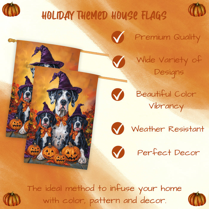 Great Dane Dog Halloween House Flag Witch Hat Pumpkin Fall Outdoor Decor for Porch Garden and Lawn Autumn Maple Leaf Farmhouse Home Decoration