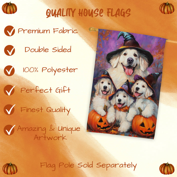 Great Pyrenees Dog Halloween House Flag Witch Hat Pumpkin Fall Outdoor Decor for Porch Garden and Lawn Rustic Autumn Farmhouse Home Decoration