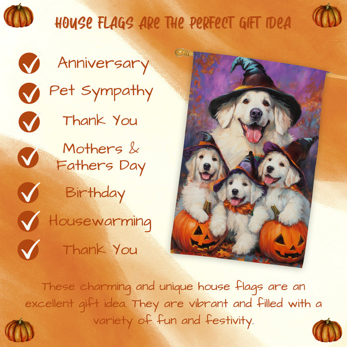 Great Pyrenees Dog Halloween House Flag Witch Hat Pumpkin Fall Outdoor Decor for Porch Garden and Lawn Rustic Autumn Farmhouse Home Decoration