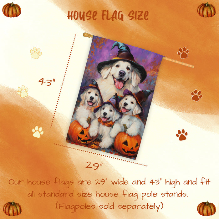 Great Pyrenees Dog Halloween House Flag Witch Hat Pumpkin Fall Outdoor Decor for Porch Garden and Lawn Rustic Autumn Farmhouse Home Decoration