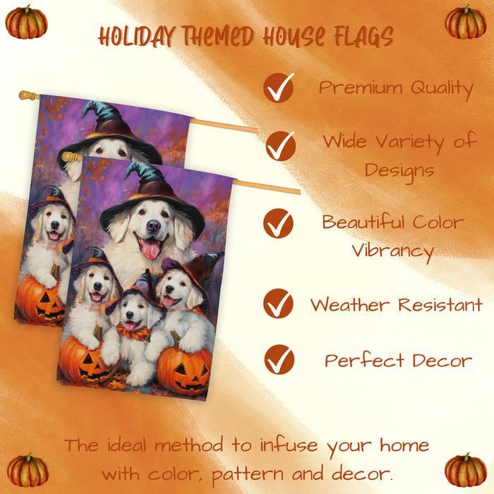 Great Pyrenees Dog Halloween House Flag Witch Hat Pumpkin Fall Outdoor Decor for Porch Garden and Lawn Rustic Autumn Farmhouse Home Decoration