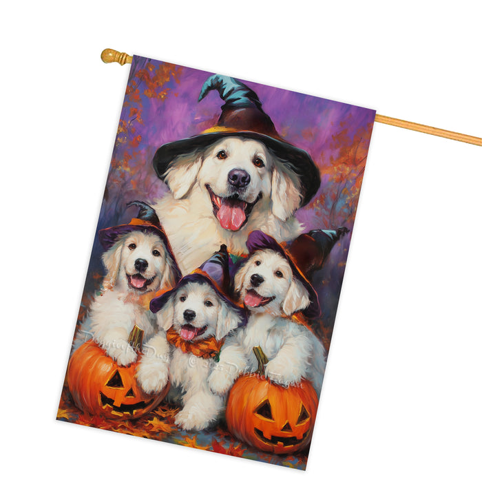 Great Pyrenees Dog Halloween House Flag Witch Hat Pumpkin Fall Outdoor Decor for Porch Garden and Lawn Rustic Autumn Farmhouse Home Decoration