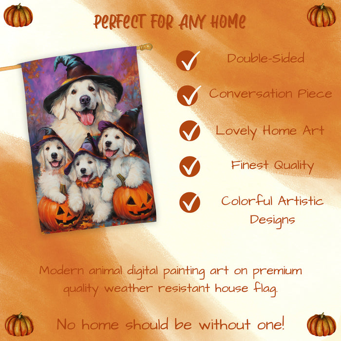 Great Pyrenees Dog Halloween House Flag Witch Hat Pumpkin Fall Outdoor Decor for Porch Garden and Lawn Rustic Autumn Farmhouse Home Decoration