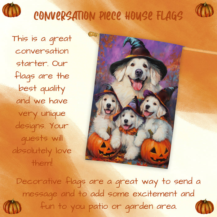 Great Pyrenees Dog Halloween House Flag Witch Hat Pumpkin Fall Outdoor Decor for Porch Garden and Lawn Rustic Autumn Farmhouse Home Decoration