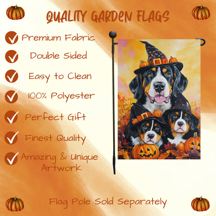 Greater Swiss Mountain Dog Halloween Garden Flag with Pumpkin Witch Hat Spooky Outdoor Yard Banner for Dog Lovers Dog Dad Patio and Lawn Holiday Decor