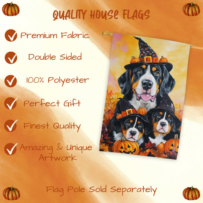 Greater Swiss Mountain Dog Halloween House Flag Witch Hat Pumpkin Fall Outdoor Decor for Porch Garden and Lawn Rustic Autumn Holiday Decoration
