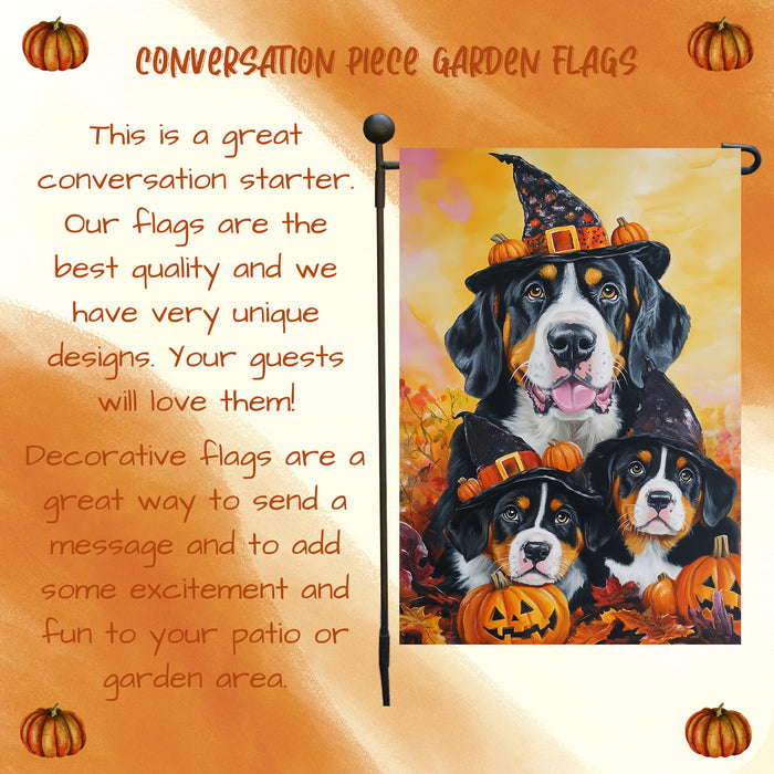 Greater Swiss Mountain Dog Halloween Garden Flag with Pumpkin Witch Hat Spooky Outdoor Yard Banner for Dog Lovers Dog Dad Patio and Lawn Holiday Decor