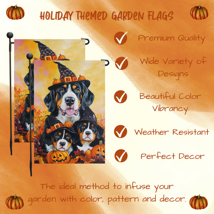 Greater Swiss Mountain Dog Halloween Garden Flag with Pumpkin Witch Hat Spooky Outdoor Yard Banner for Dog Lovers Dog Dad Patio and Lawn Holiday Decor