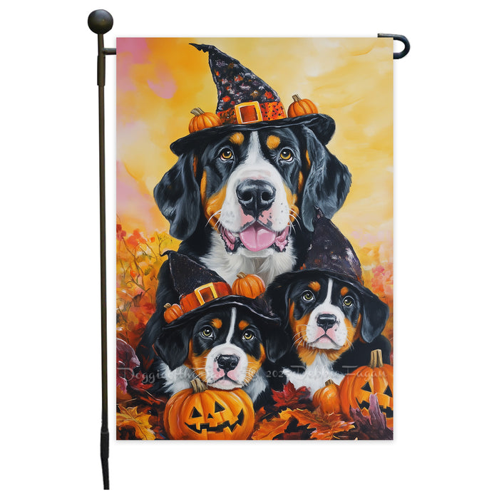 Greater Swiss Mountain Dog Halloween Garden Flag with Pumpkin Witch Hat Spooky Outdoor Yard Banner for Dog Lovers Dog Dad Patio and Lawn Holiday Decor