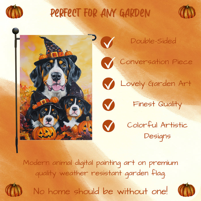 Greater Swiss Mountain Dog Halloween Garden Flag with Pumpkin Witch Hat Spooky Outdoor Yard Banner for Dog Lovers Dog Dad Patio and Lawn Holiday Decor