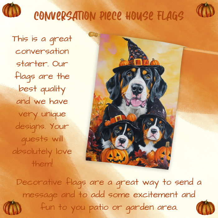 Greater Swiss Mountain Dog Halloween House Flag Witch Hat Pumpkin Fall Outdoor Decor for Porch Garden and Lawn Rustic Autumn Holiday Decoration
