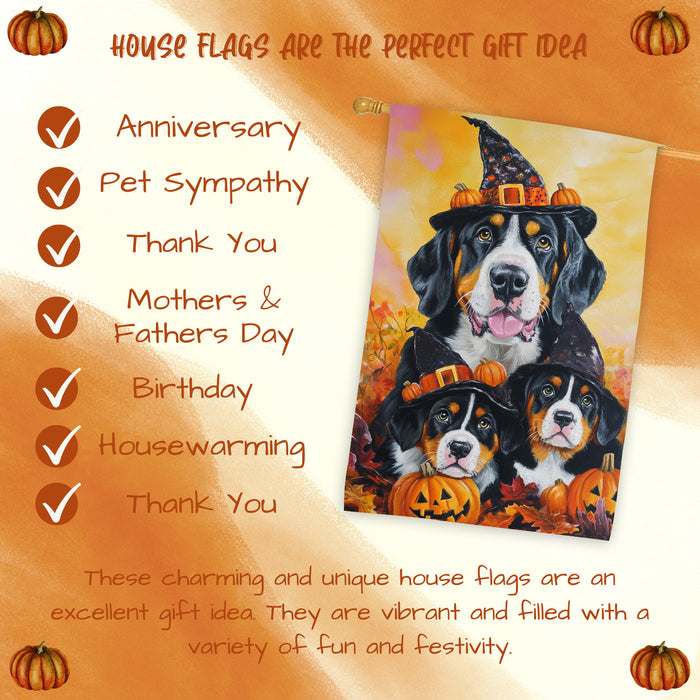 Greater Swiss Mountain Dog Halloween House Flag Witch Hat Pumpkin Fall Outdoor Decor for Porch Garden and Lawn Rustic Autumn Holiday Decoration