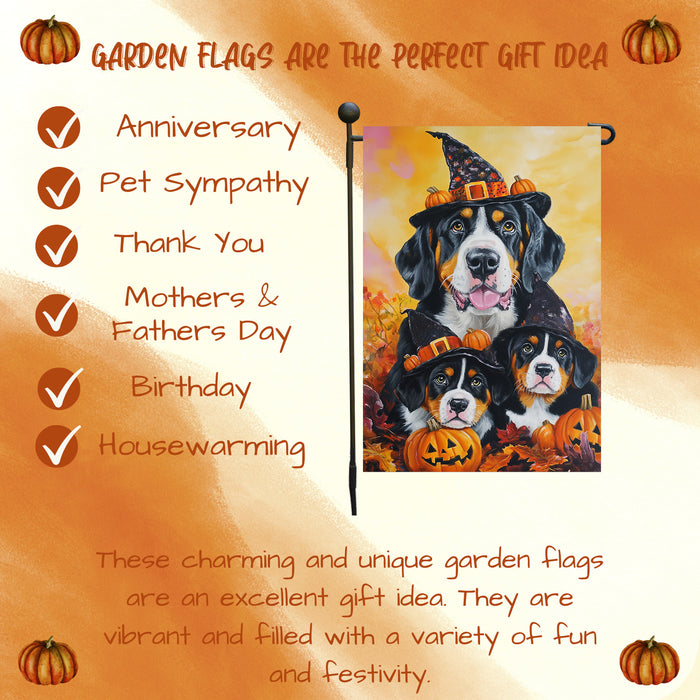 Greater Swiss Mountain Dog Halloween Garden Flag with Pumpkin Witch Hat Spooky Outdoor Yard Banner for Dog Lovers Dog Dad Patio and Lawn Holiday Decor