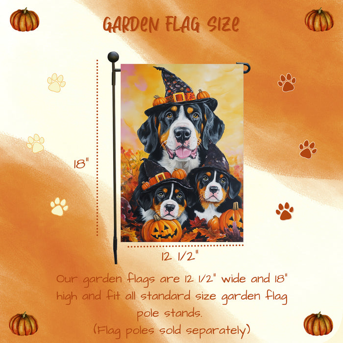 Greater Swiss Mountain Dog Halloween Garden Flag with Pumpkin Witch Hat Spooky Outdoor Yard Banner for Dog Lovers Dog Dad Patio and Lawn Holiday Decor