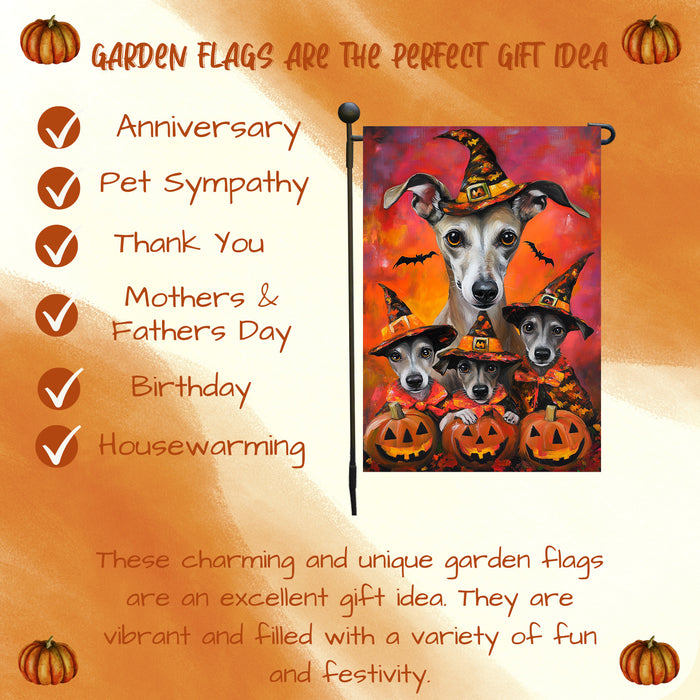 Greyhound Witch Costume with Pumpkins Dog Halloween Garden Flag Outdoor Autumn Farmhouse Lawn and Yard Decor for Grandma Garden Pathway Party