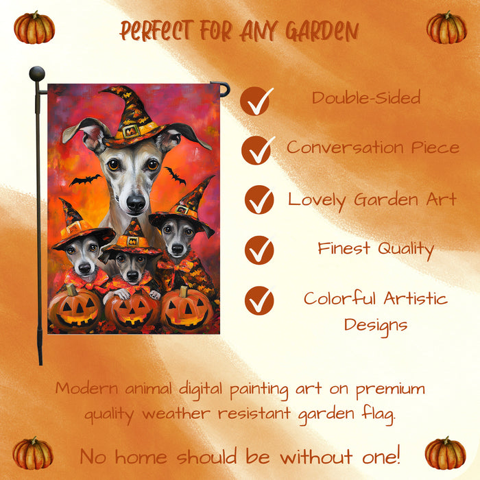 Greyhound Witch Costume with Pumpkins Dog Halloween Garden Flag Outdoor Autumn Farmhouse Lawn and Yard Decor for Grandma Garden Pathway Party