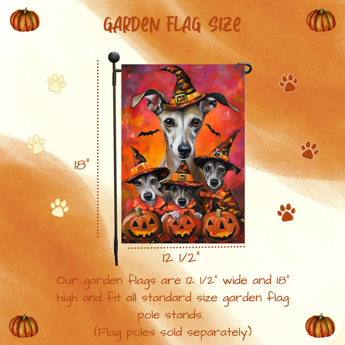 Greyhound Witch Costume with Pumpkins Dog Halloween Garden Flag Outdoor Autumn Farmhouse Lawn and Yard Decor for Grandma Garden Pathway Party