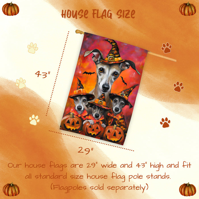 Greyhound Dog Halloween House Flag Witch Costume Pumpkin Fall Outdoor Decor for Porch Garden and Lawn Rustic Autumn Farmhouse Holiday Decoration