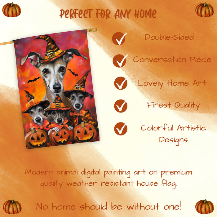 Greyhound Dog Halloween House Flag Witch Costume Pumpkin Fall Outdoor Decor for Porch Garden and Lawn Rustic Autumn Farmhouse Holiday Decoration