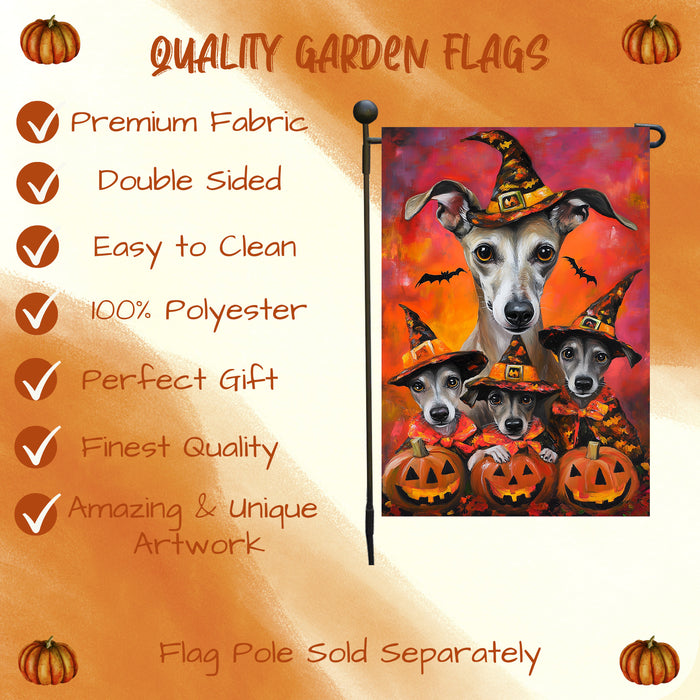 Greyhound Witch Costume with Pumpkins Dog Halloween Garden Flag Outdoor Autumn Farmhouse Lawn and Yard Decor for Grandma Garden Pathway Party