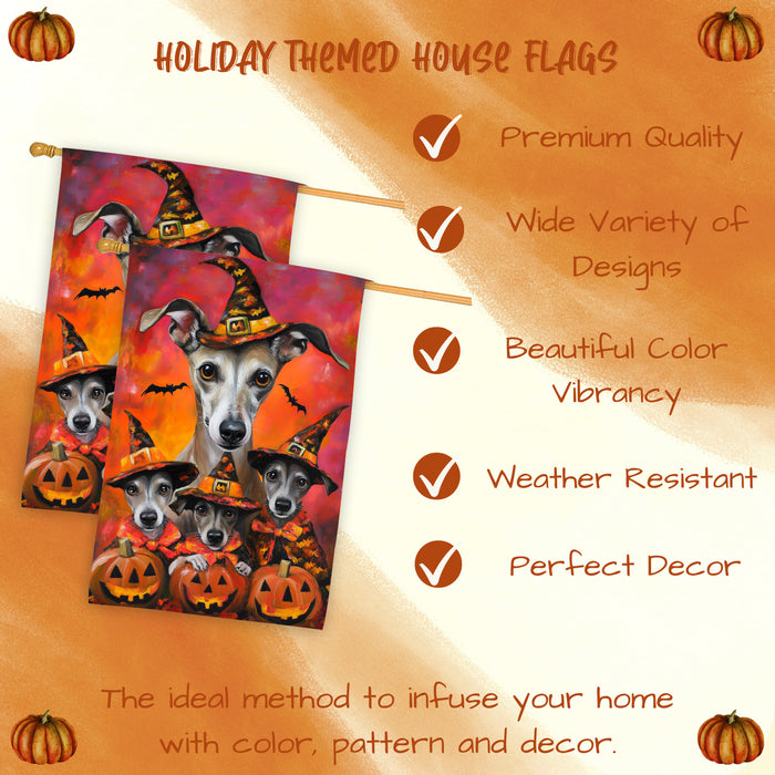 Greyhound Dog Halloween House Flag Witch Costume Pumpkin Fall Outdoor Decor for Porch Garden and Lawn Rustic Autumn Farmhouse Holiday Decoration