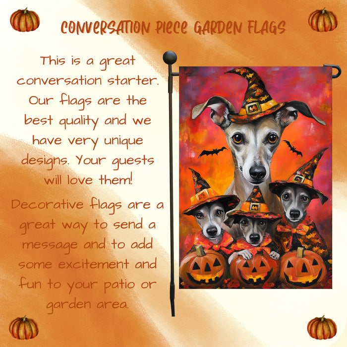 Greyhound Witch Costume with Pumpkins Dog Halloween Garden Flag Outdoor Autumn Farmhouse Lawn and Yard Decor for Grandma Garden Pathway Party