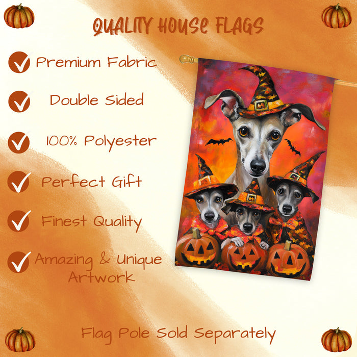 Greyhound Dog Halloween House Flag Witch Costume Pumpkin Fall Outdoor Decor for Porch Garden and Lawn Rustic Autumn Farmhouse Holiday Decoration