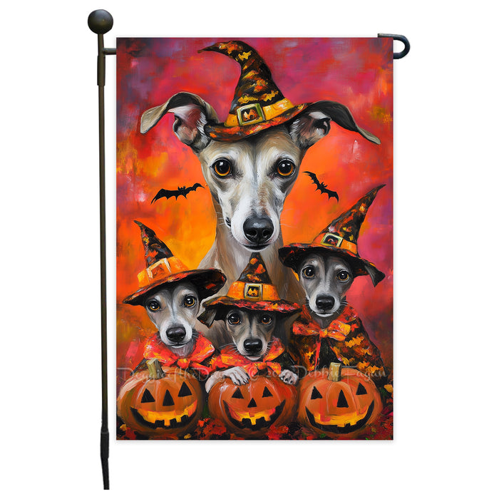 Greyhound Witch Costume with Pumpkins Dog Halloween Garden Flag Outdoor Autumn Farmhouse Lawn and Yard Decor for Grandma Garden Pathway Party